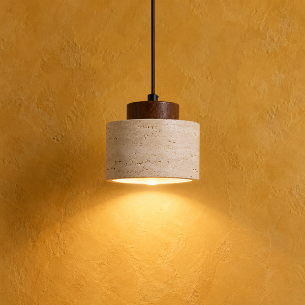 Cylindrical travertine pendant light, walnut ceiling rose, island and bedside, Ø 12 cm