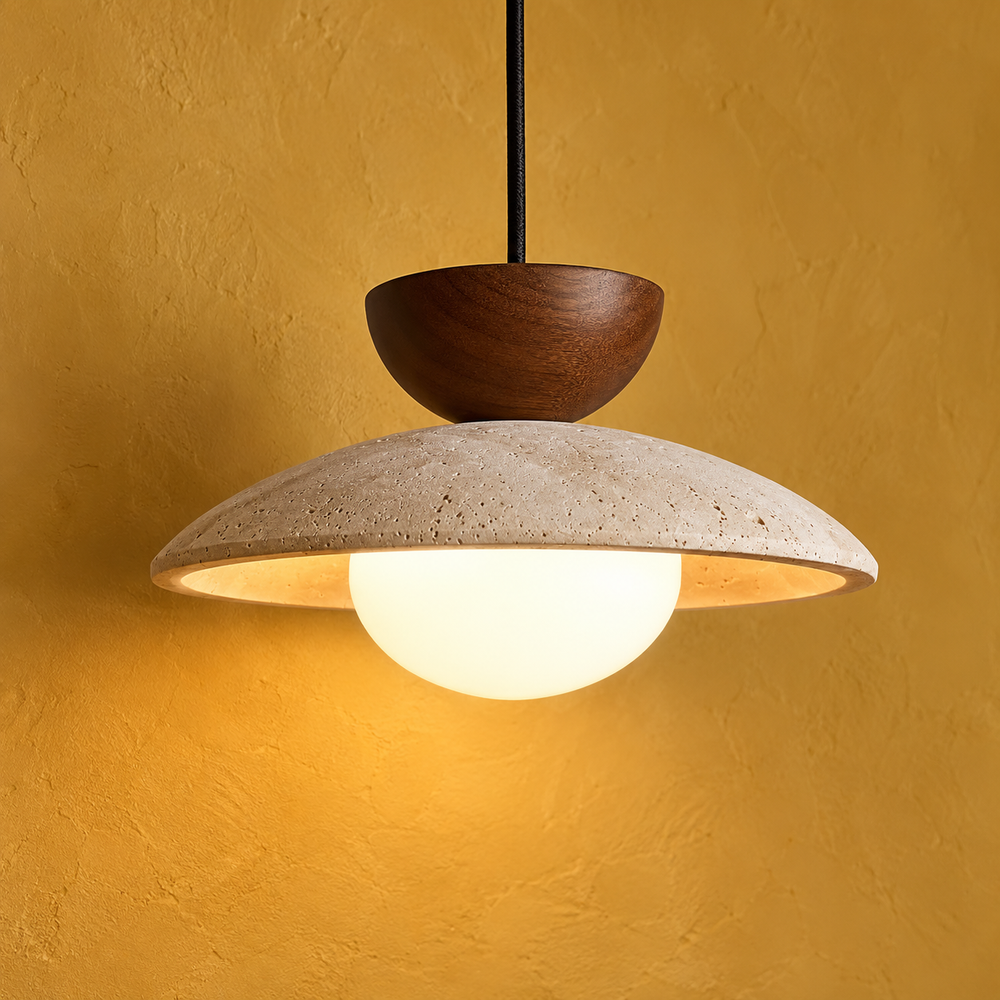 Suspension disque en travertin et bois #noyer