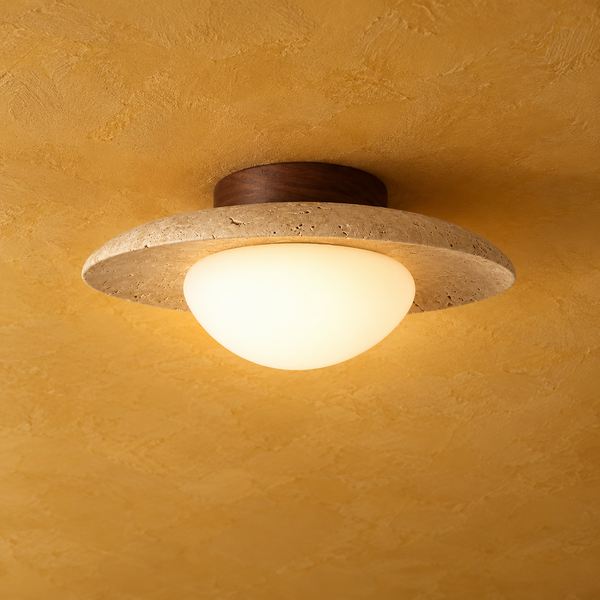 Travertine and wood ceiling light, opal globe, Ø 25 cm