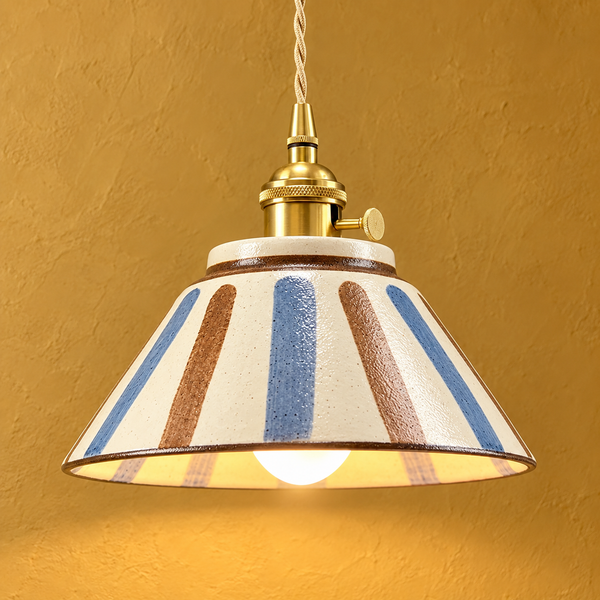 Hand-painted ceramic pendant light, blue and terracotta stripes