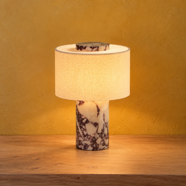 Cordless veined marble and linen bedside lamp, rechargeable
