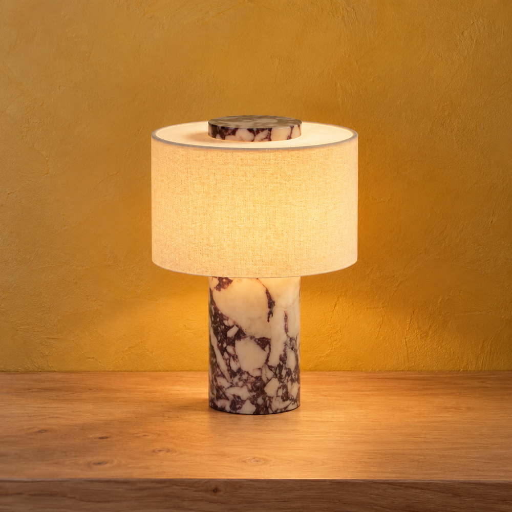 Lampe de chevet sans fil en marbre veiné et lin