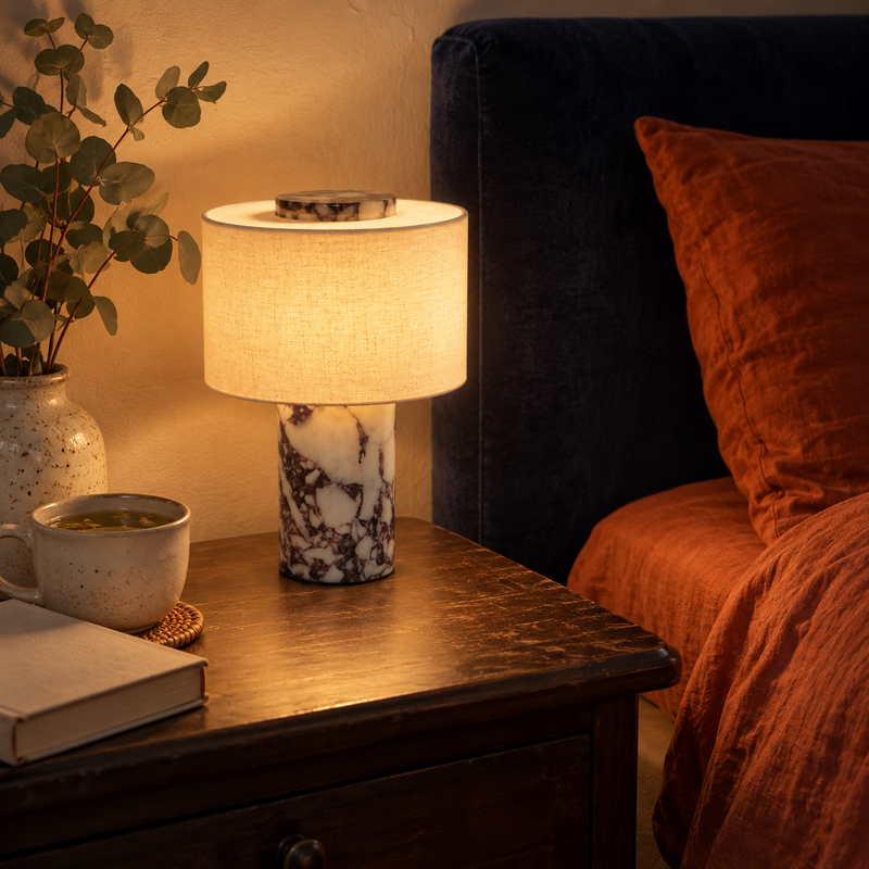 Lampe de chevet sans fil en marbre veiné et lin