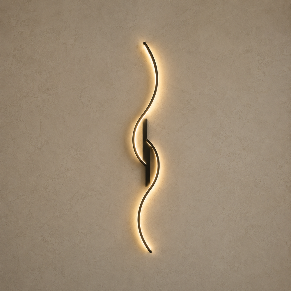 Applique LED ondulée noire allumée, ligne lumineuse continue #60-cm #noir