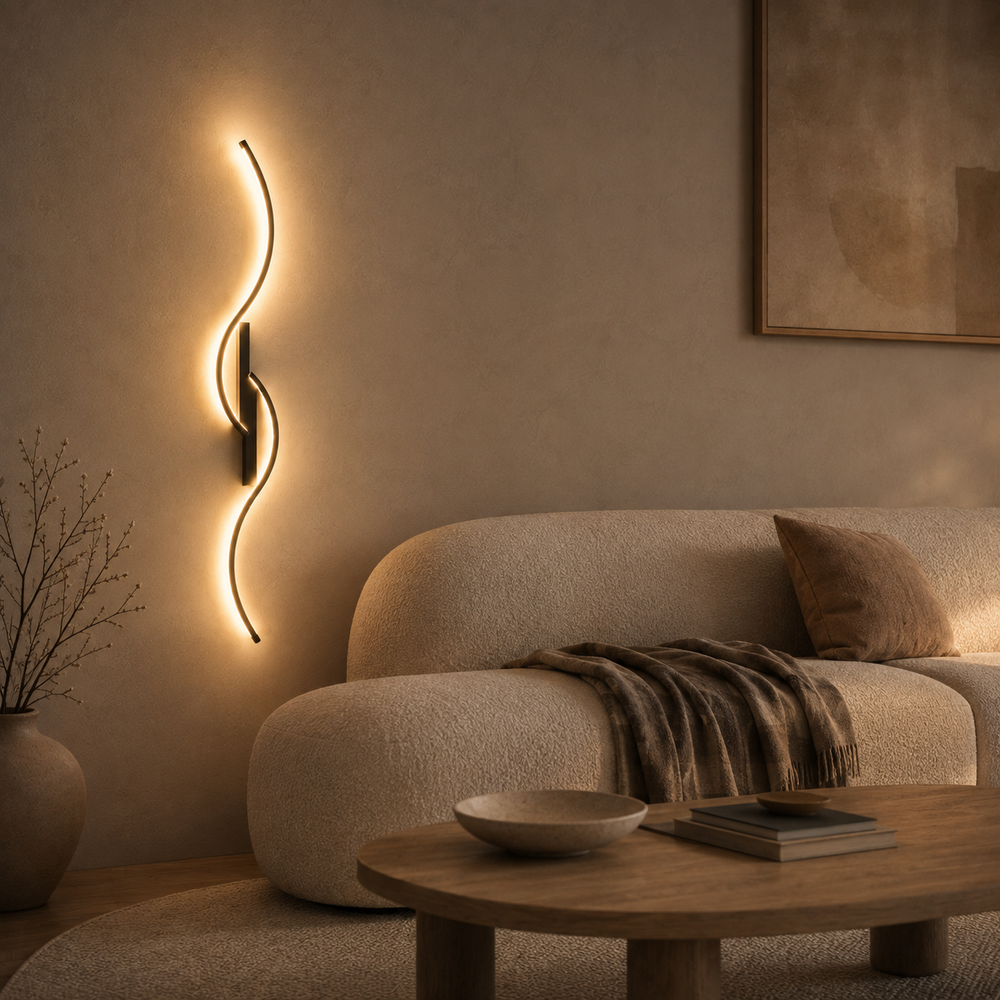Applique LED ondulée dans un salon, derrière un canapé en bouclé #60-cm #noir