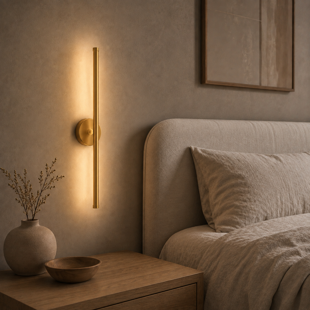 Applique LED ondulée dorée 100 cm au-dessus d'une table de chevet #100-cm #or