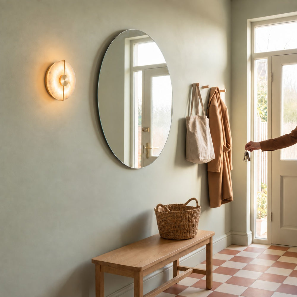 Applique murale chambre en marbre, pierre naturelle, blanc albâtre - alba entree sauge miroir rond #or
