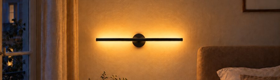 Cordless rechargeable LED wall light for bedroom, allumée le soir