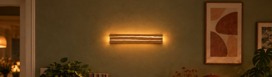 Wooden LED wall light for living room, Nordic style, allumée le soir