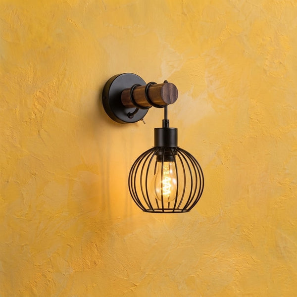 Wooden wall light for bedroom with switch, industrial style