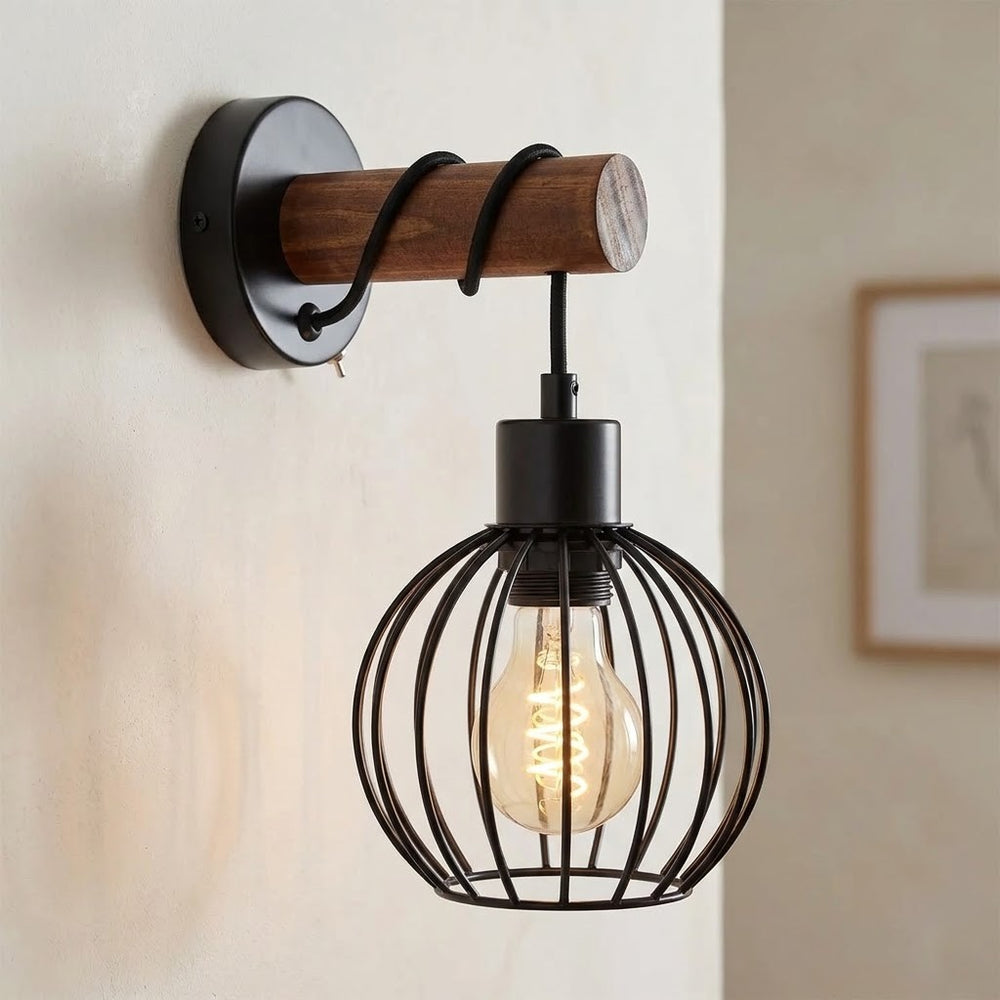 Applique murale chambre en bois, interrupteur, style industriel - bois cage 12 gros plan cage et ampoule
