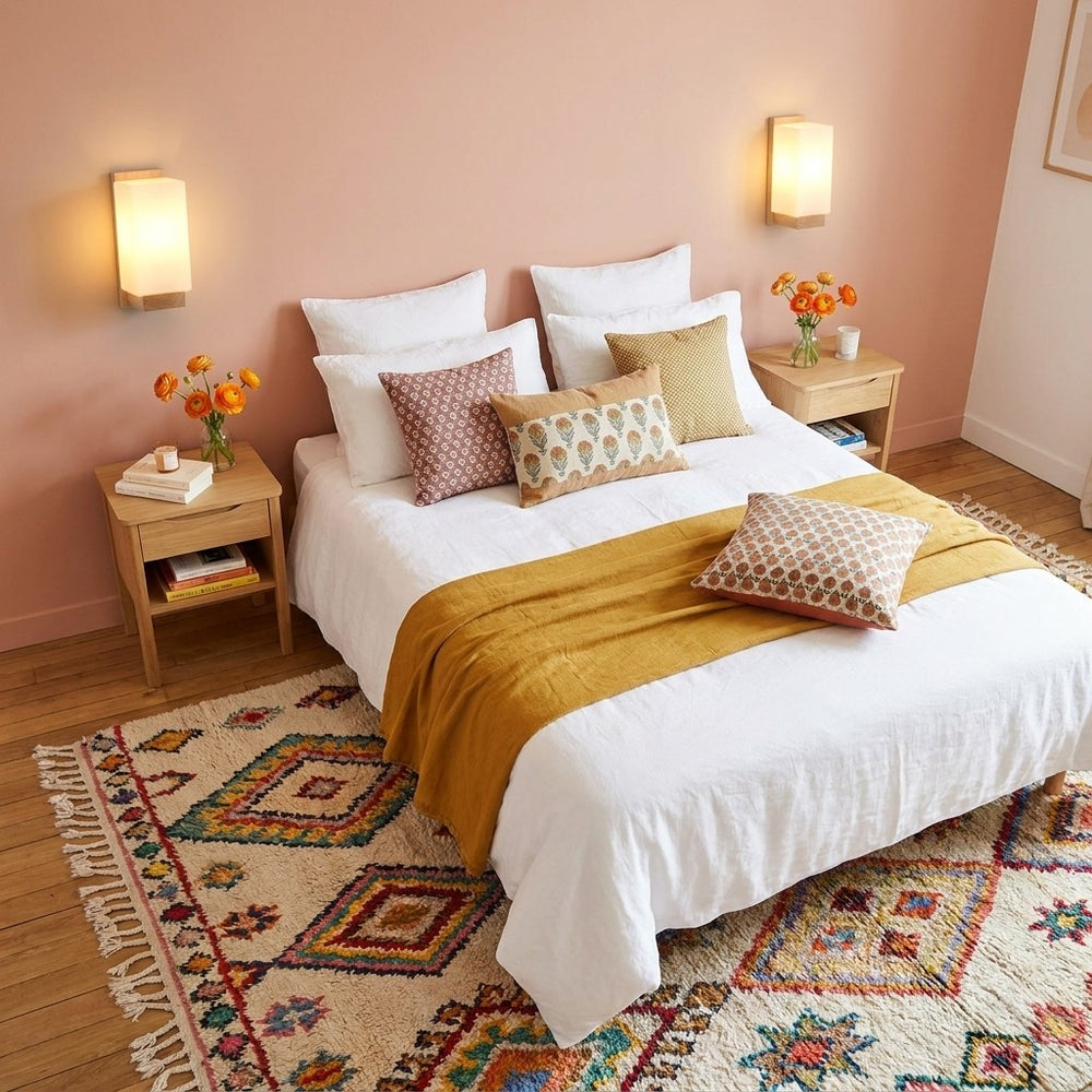 Applique murale salon en bois, moderne, douille E27 - bois carre 02 vue de dessus chambre rose #carre