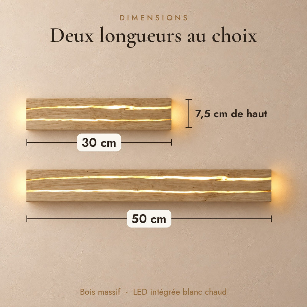 Applique murale salon en bois LED, style nordique - bois craquele vic 05 dimensions 30 et 50 cm
