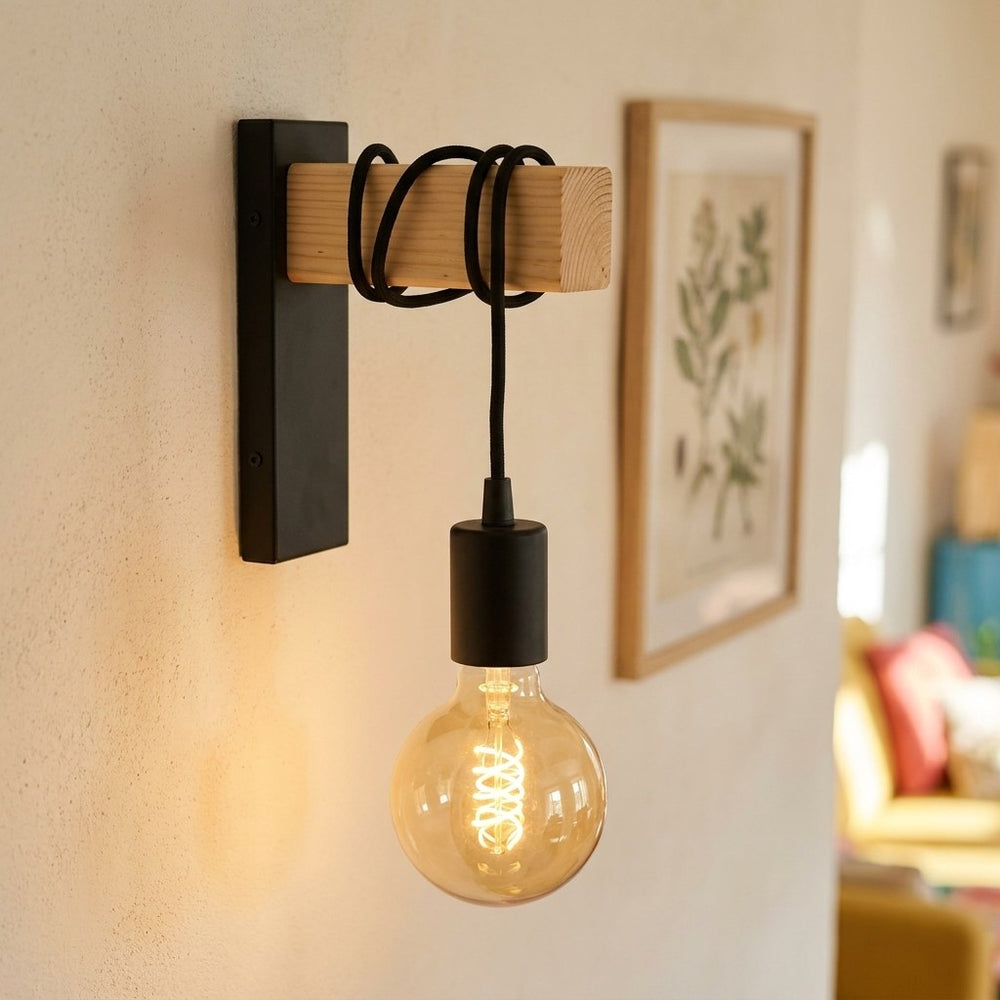 Applique murale salon en bois, vintage rétro, douille E27 - bois retro 12 gros plan ampoule filament