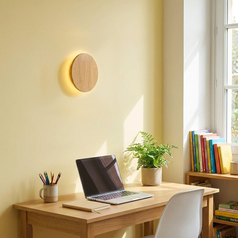 Applique murale chambre en bois, ronde, style nordique - bois rond 08 bureau jaune #rond