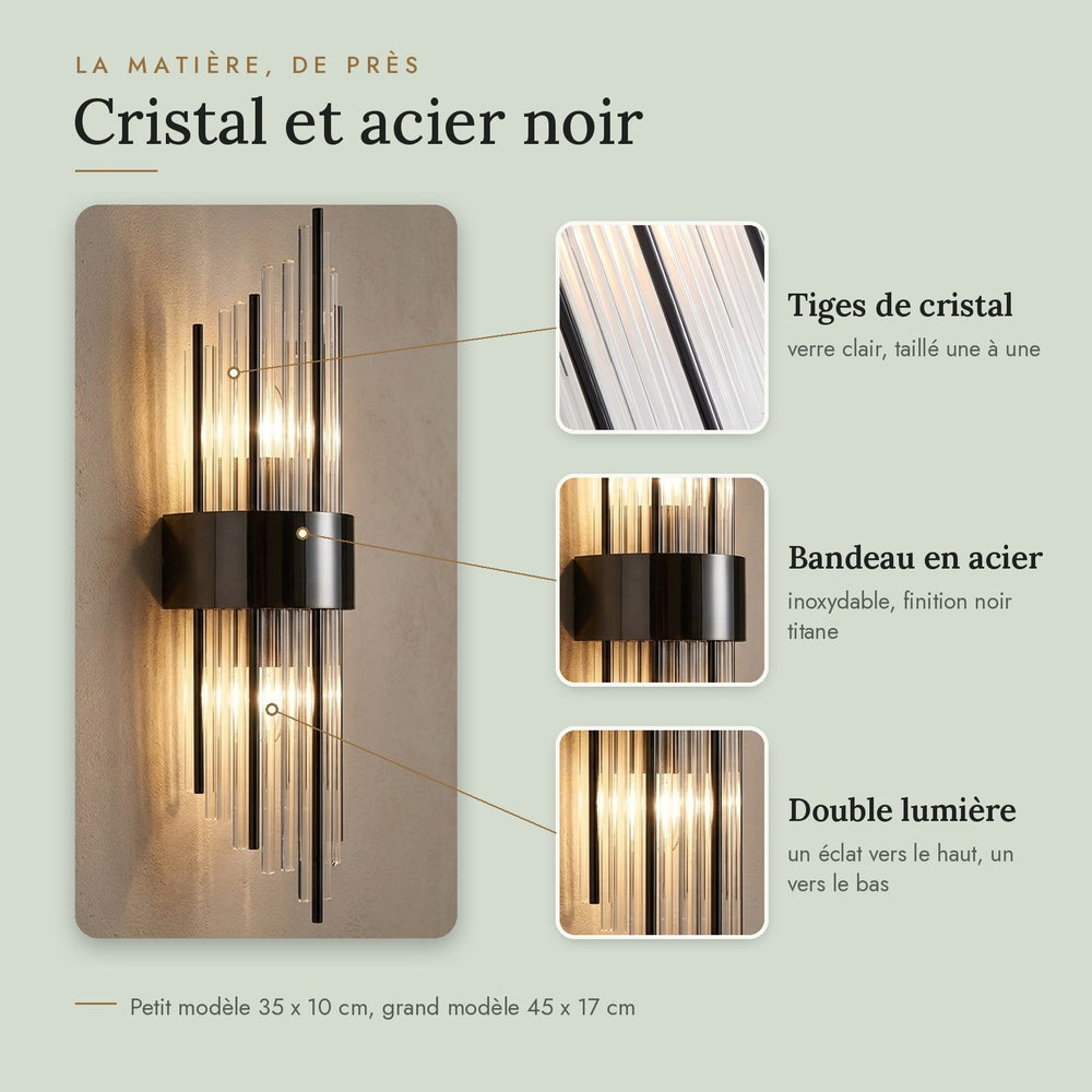 Matière de l'applique : tiges de cristal, bandeau en acier noir, double lumière #noir-petit-modele
