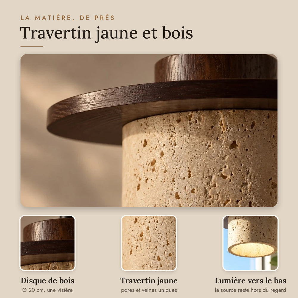 Suspension salon travertin et bois, salle à manger, Ø 20 cm - disque bois 03 la matiere de pres