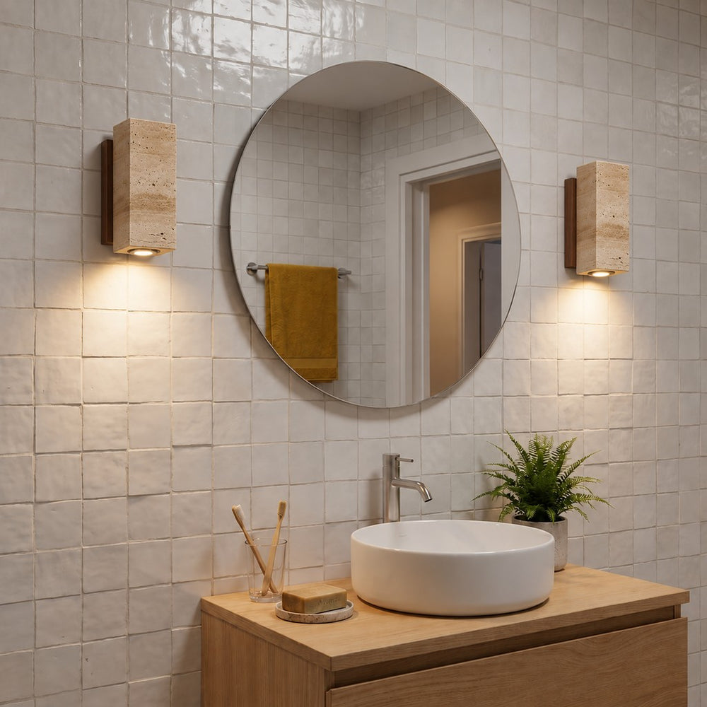 Applique murale japonaise en travertin jaune, salon - jap salle de bain zellige v5 #carre-socle-noyer