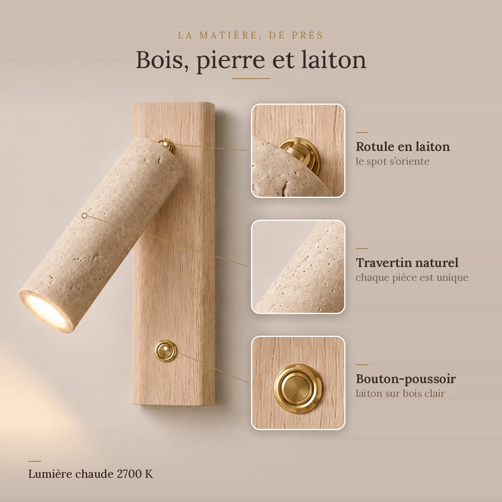 Applique murale liseuse travertin et bois, tête orientable - lio c bois pierre laiton #bois-clair