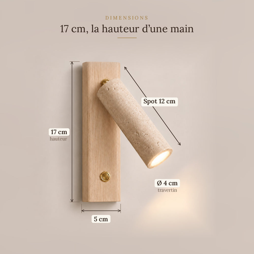 Applique murale liseuse travertin et bois, tête orientable - lio c taille 17 cm #bois-clair
