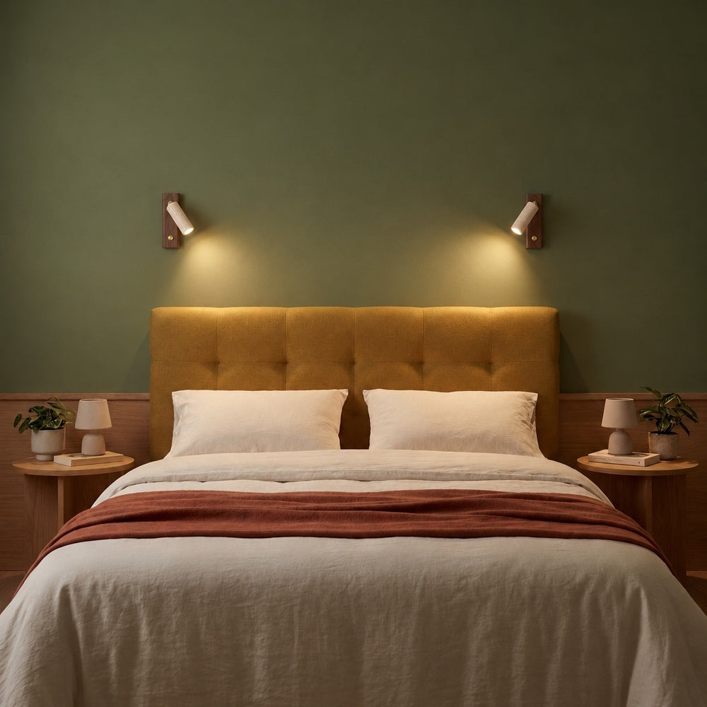Applique murale liseuse travertin et bois, tête orientable - lio n chambre tete de lit moutarde #noyer