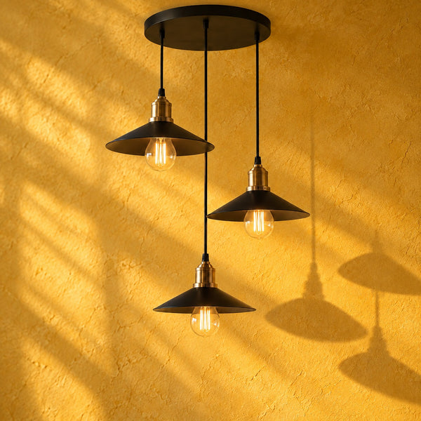 3-light pendant light for living room, black metal, vintage, E27 fitting