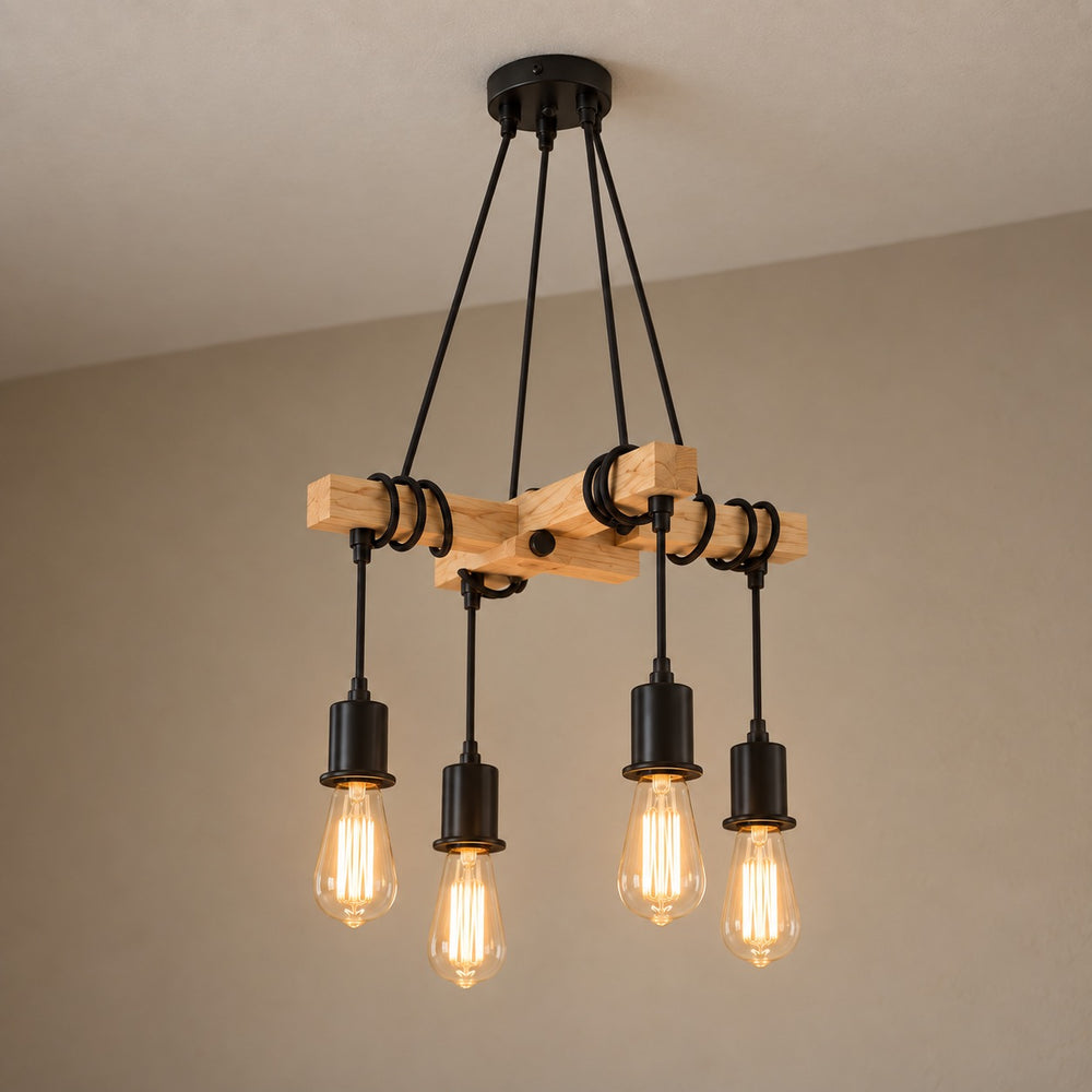 Lustre salon vintage bois et métal noir, douille E27 - lustre croix bois vue de cote