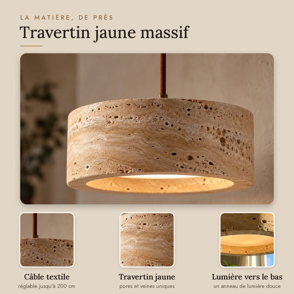 Suspension salon travertin jaune, pierre naturelle Ø 20 cm - okra 03 la matiere de pres