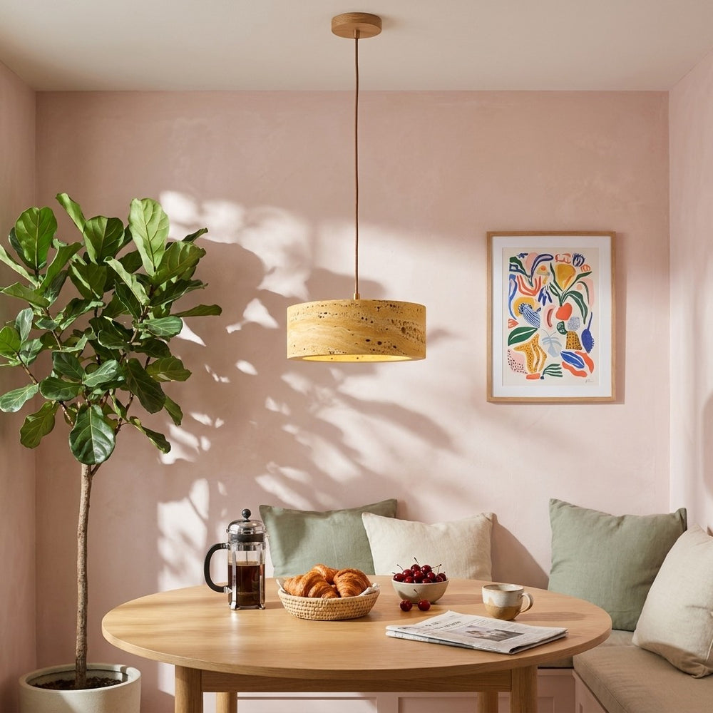 Suspension salon travertin jaune, pierre naturelle Ø 20 cm - okra petit dejeuner mur rose