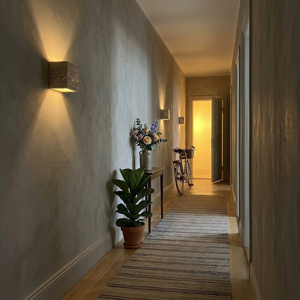 Applique murale chambre tête de lit, travertin, lumière chaude - reva 12 couloir plante #12-cm