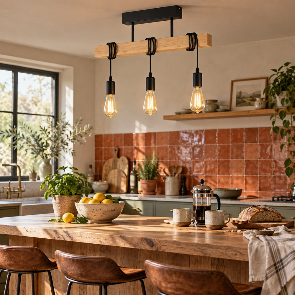 Suspension industrielle salon en bois, rectangulaire, douille E27 - suspension bois industrielle au dessus de l ilot de cuisine