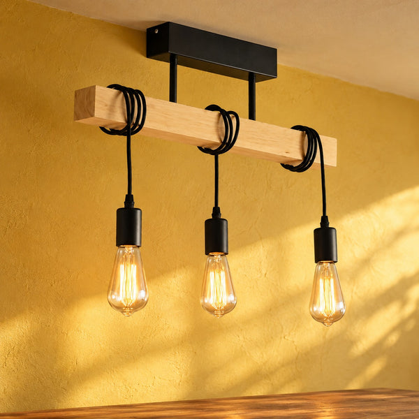 Industrial rectangular wooden pendant light for living room, E27 fitting