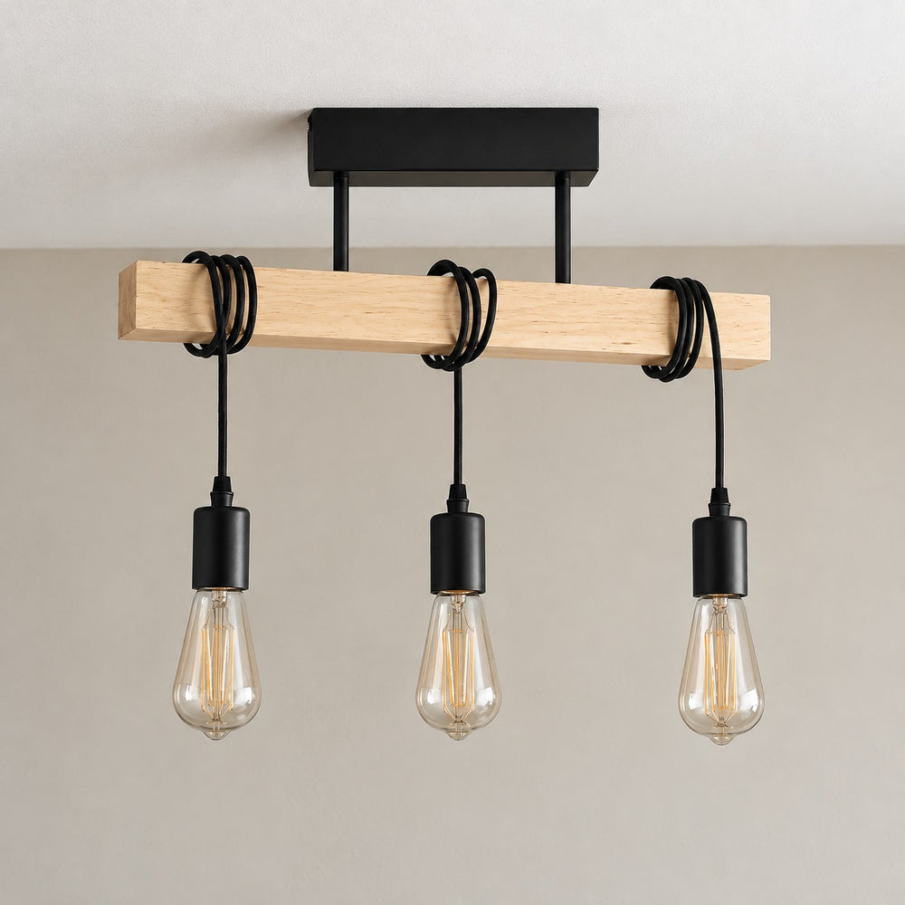Suspension industrielle salon en bois, rectangulaire, douille E27 - suspension bois industrielle eteinte vue de face