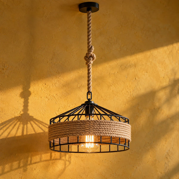 Rope and black metal pendant light for living room, industrial style Ø 30 cm