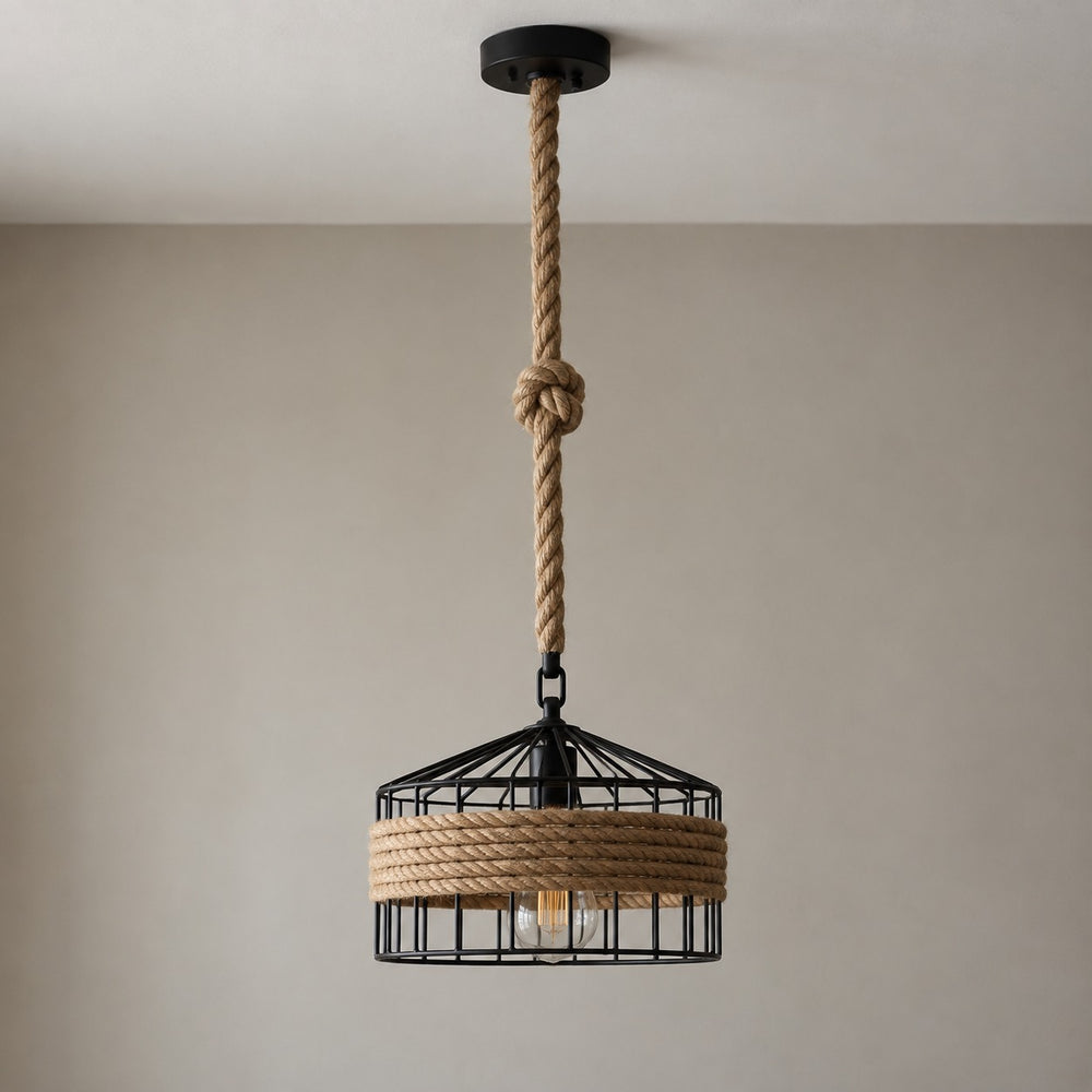 Suspension salon corde et métal noir, style industriel Ø 30 cm - suspension grange eteinte vue de face