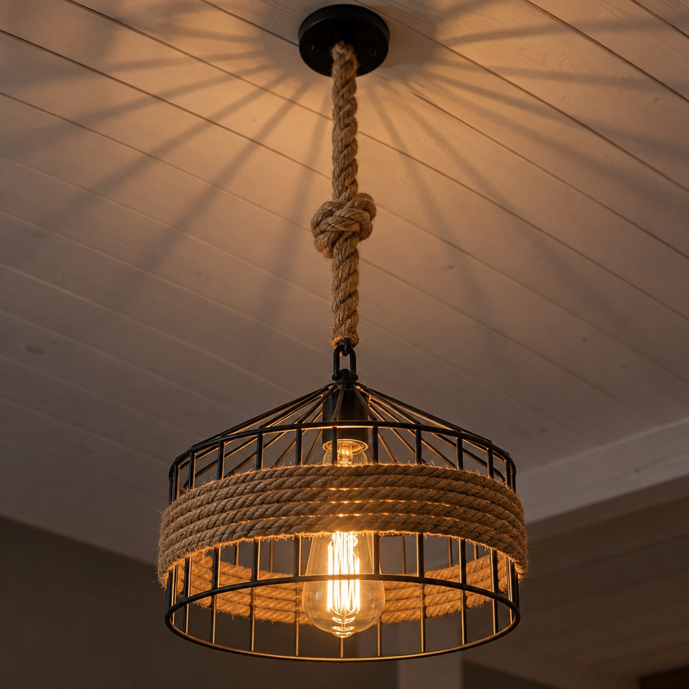 Suspension salon corde et métal noir, style industriel Ø 30 cm - suspension grange ombres de la cage au plafond