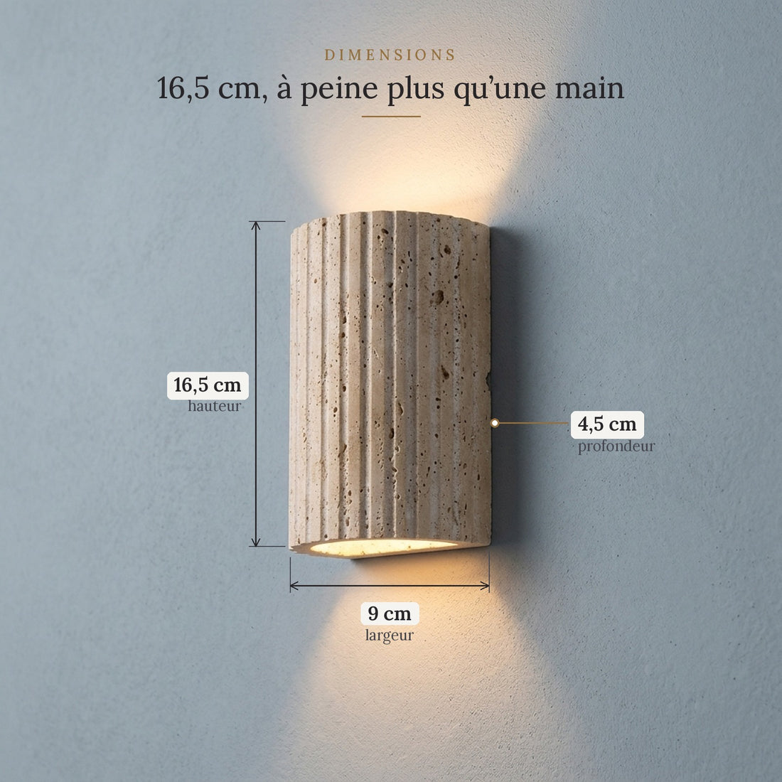 Applique murale salon en travertin 3D, LED blanc chaud - tuf dimensions 16 5 cm