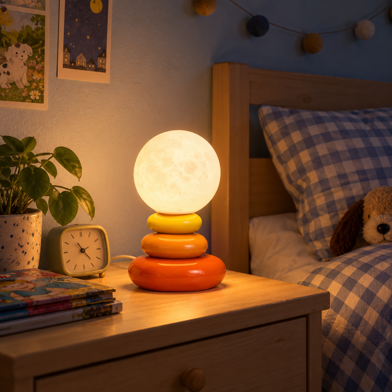 Lampe à poser galets empilés en céramique, globe effet lune #orange