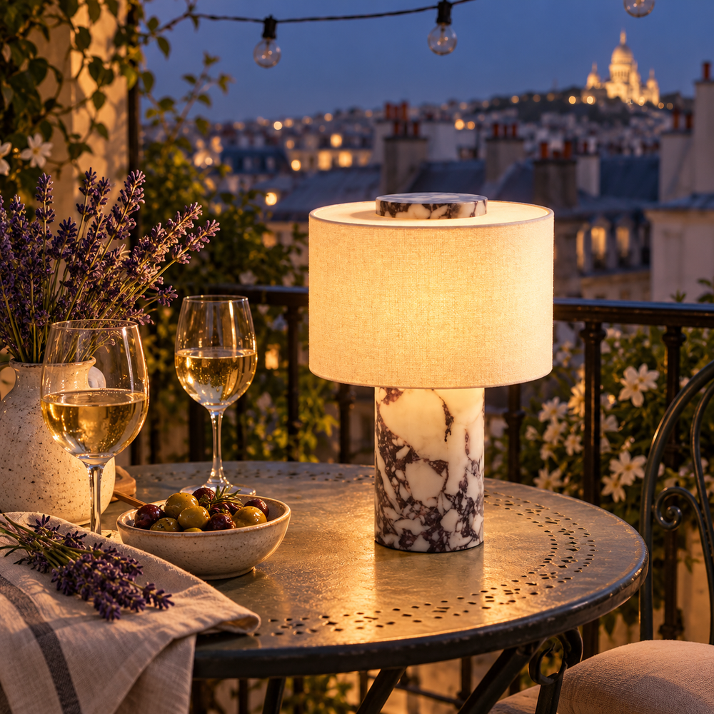 Lampe de chevet sans fil en marbre veiné et lin