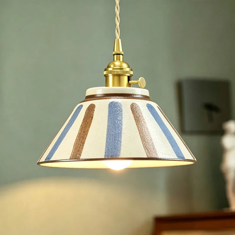 Suspension en céramique peinte à la main, rayures bleues et terracotta