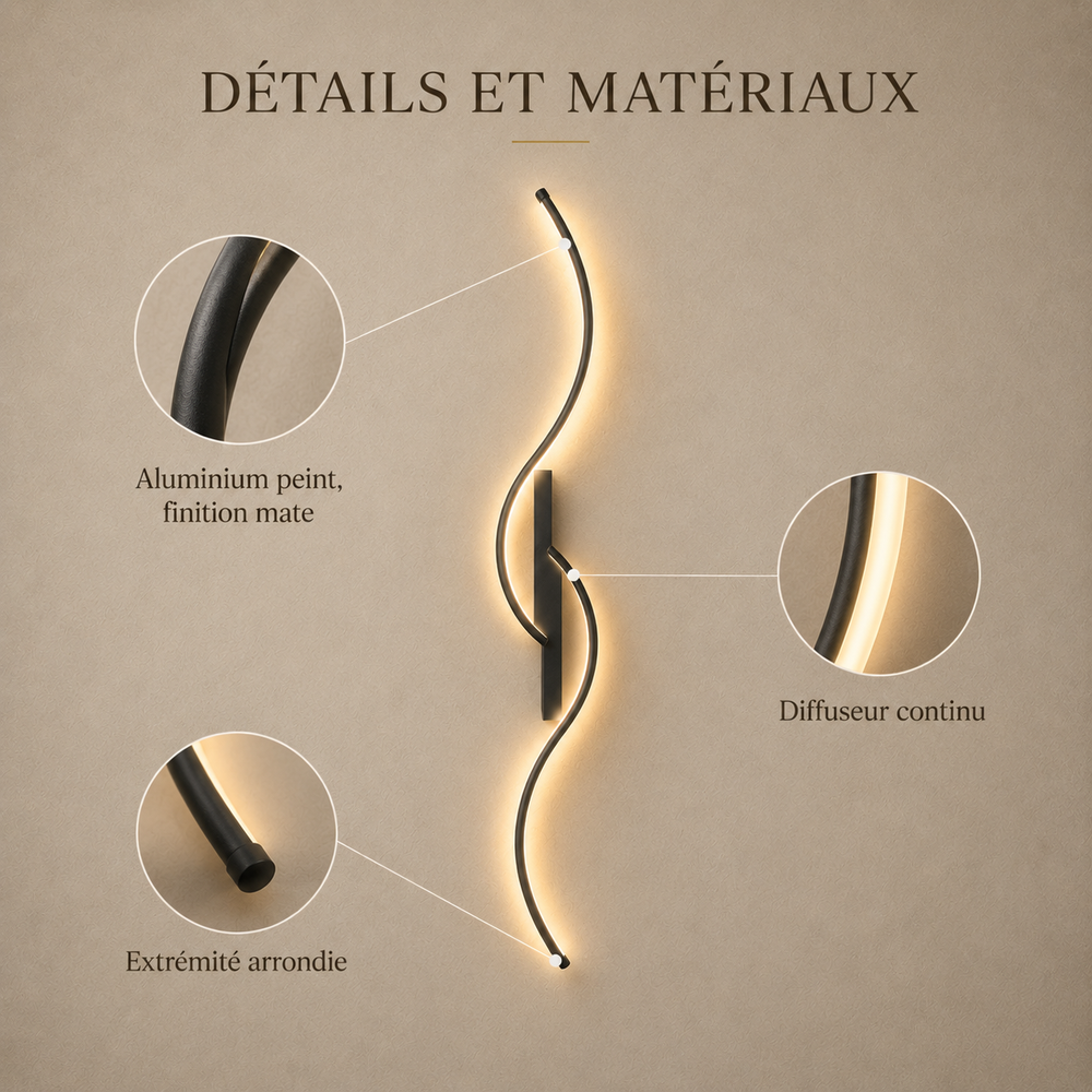 Détails et matériaux : aluminium peint, diffuseur continu, extrémité arrondie #60-cm #noir
