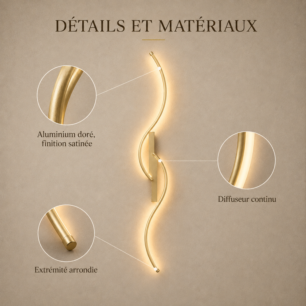 Détails et matériaux : aluminium doré satiné, diffuseur continu, extrémité arrondie #100-cm #or