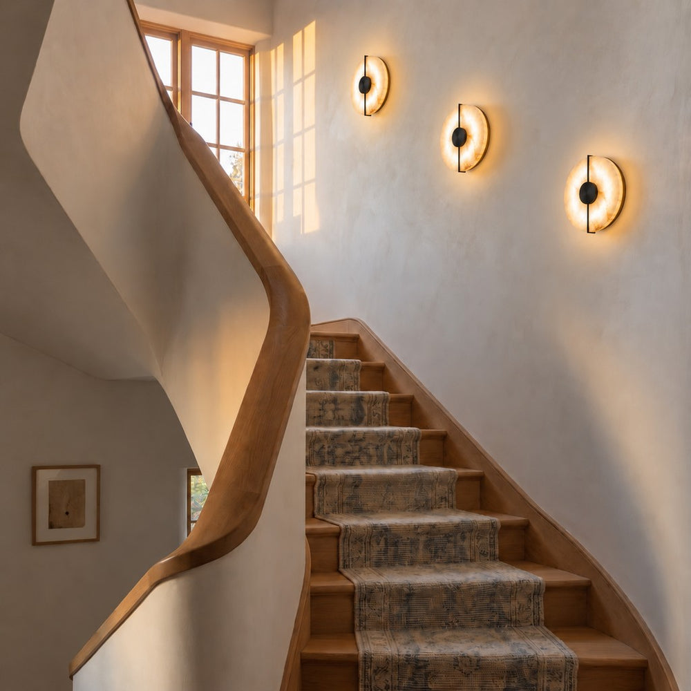 Applique murale chambre en marbre, pierre naturelle, blanc albâtre - alba noir escalier lumiere haute #noir
