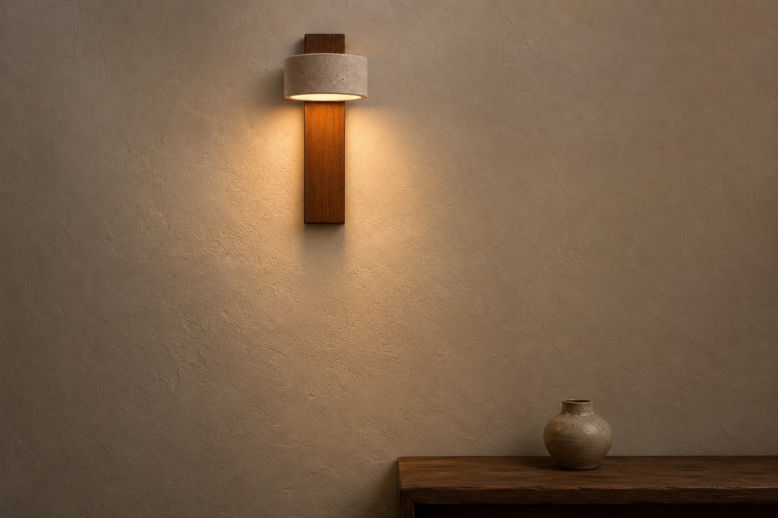 Maison Alméa wall light lit in a living room
