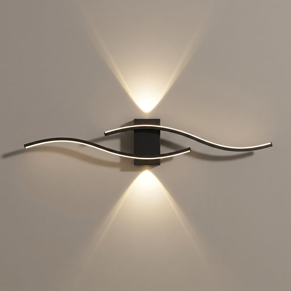 Applique murale salon LED, design moderne et simple - applique vague noire allumee vue de face #noir