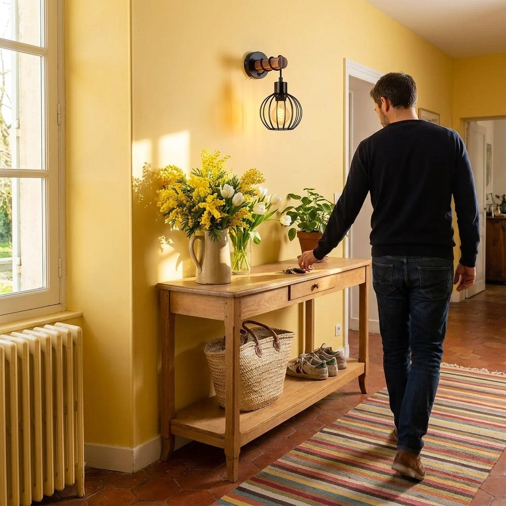 Applique murale chambre en bois, interrupteur, style industriel - bois cage 03 entree ensoleillee mimosa