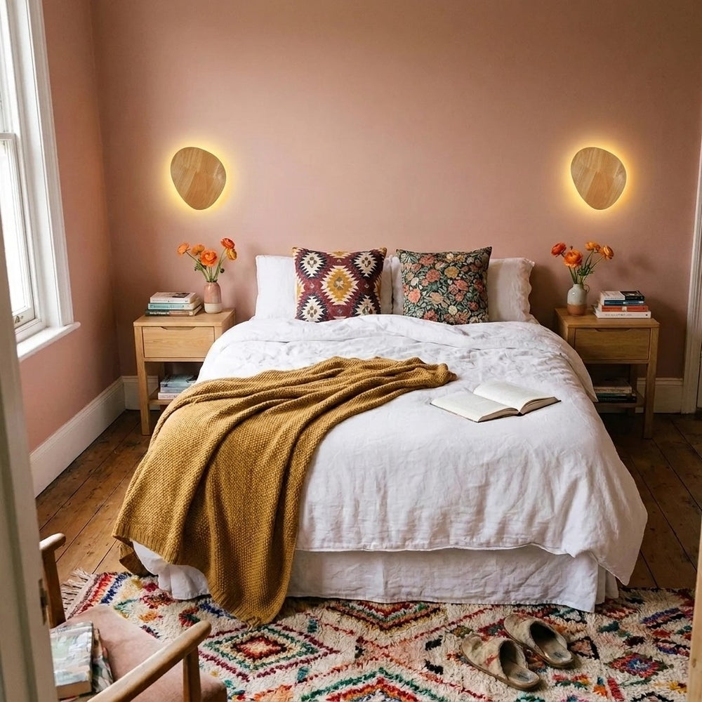 Applique murale chambre en bois, ronde, style nordique - bois ovale 02 chambre rose vue de haut #ovale