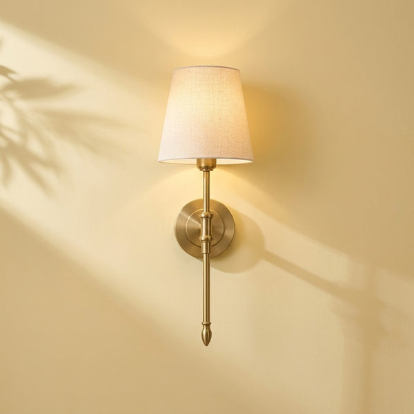 Gold fabric shade wall light for bedroom, country style