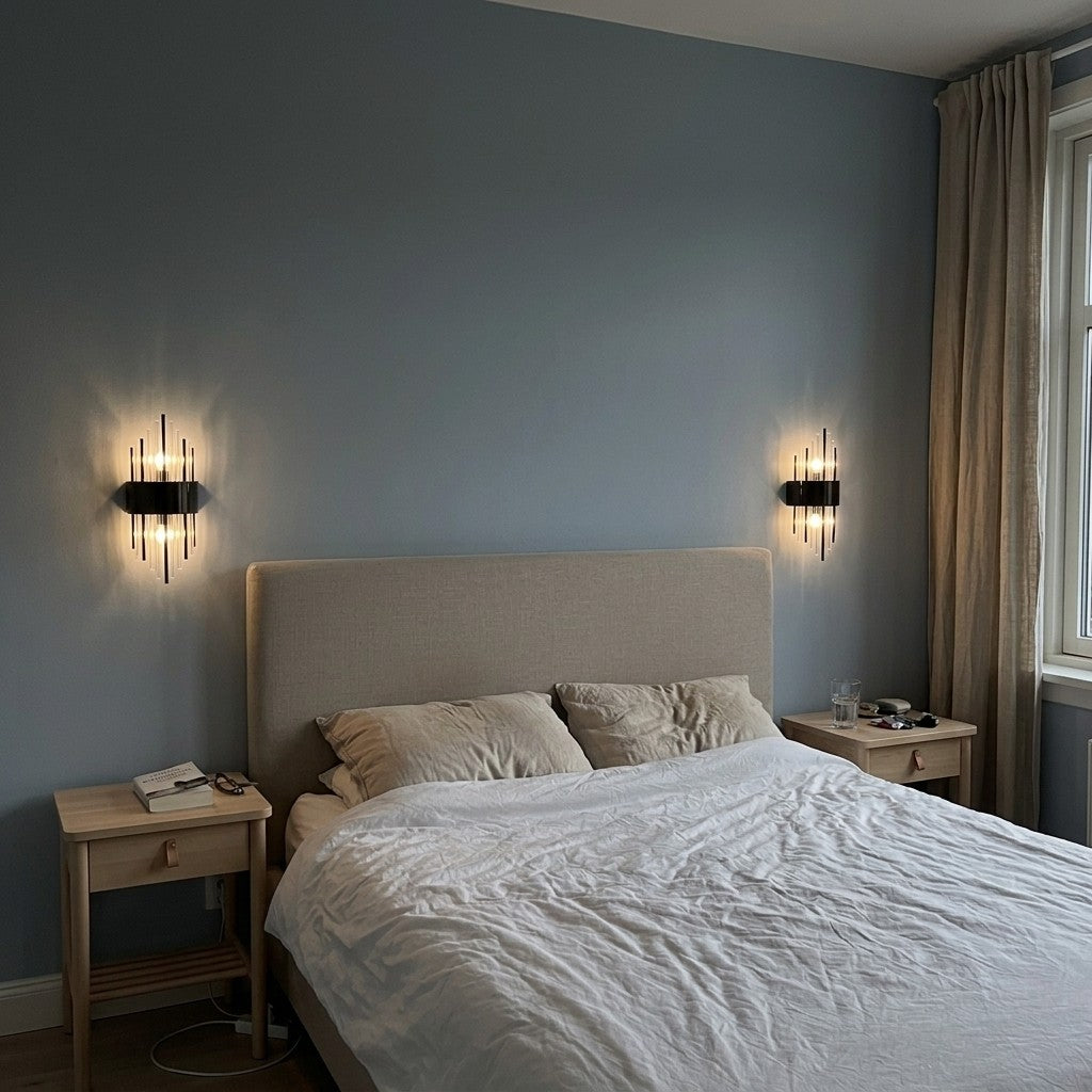 Deux appliques cristal noires au-dessus des tables de chevet, chambre le soir #noir-petit-modele