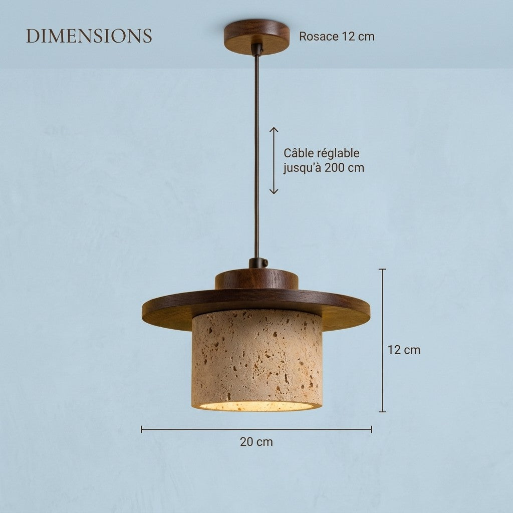Suspension salon travertin et bois, salle à manger, Ø 20 cm - disque bois dimensions bleu poudre